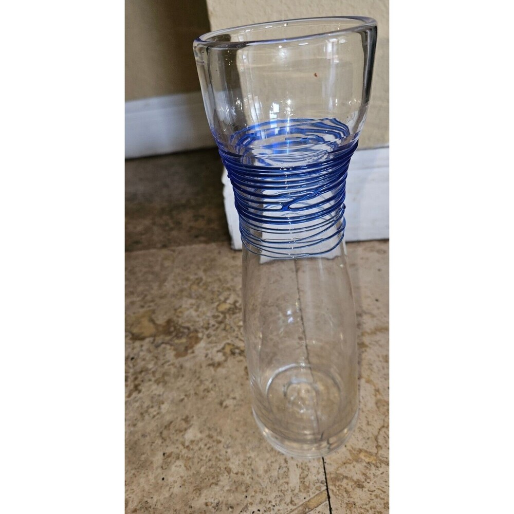 BLENKO CLEAR & BLUE VINTAGE THREAD SWIRL TALL PITCHER VASE